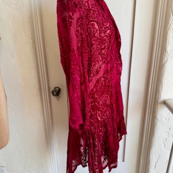 VINTAGE ROSE Stevie Nicks style Sheer Red Burnout Velvet Beaded KimonoCoat - Picture 6 of 9